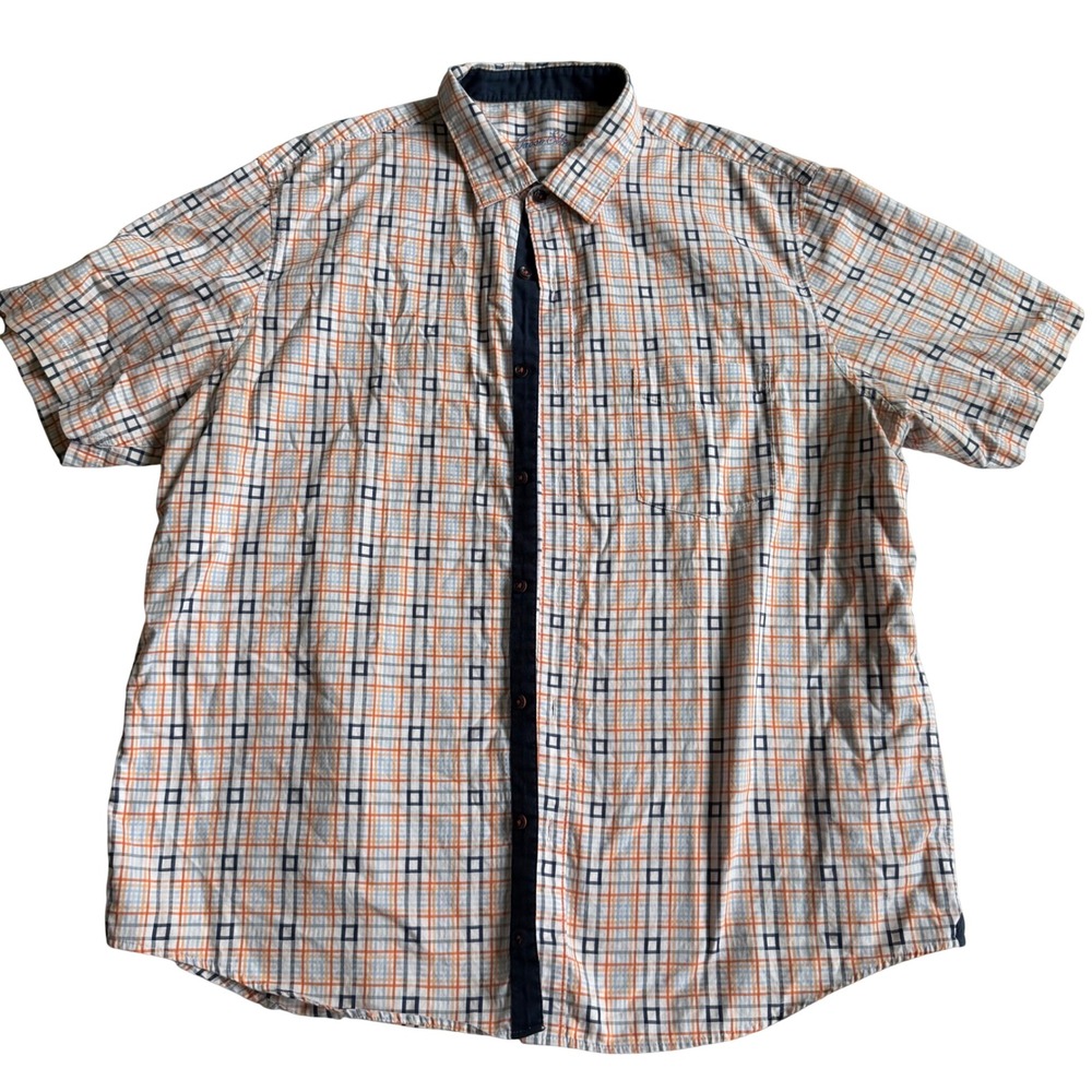 Men's Short Sleeve Plaid Button Down Shirt XXL Orange Navy Blue White Casual 2XL
